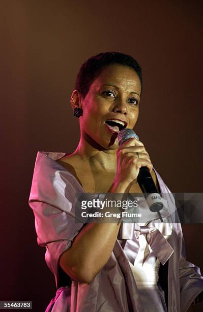 Harolyn Blackwell sings God Bless America at the USO Gala honoring General Richard B. Myers on September 14, 2005 at the Hilton Washington in...