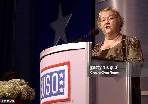 Actress Kathy Kinney speaks at the USO Gala honoring General Richard B. Myers on September 14, 2005 at the Hilton Washington in Washington, DC....