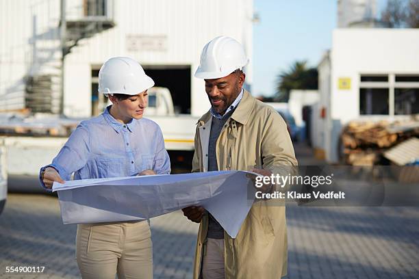 architect & engineer looking at blue prints - plan architecte photos et images de collection