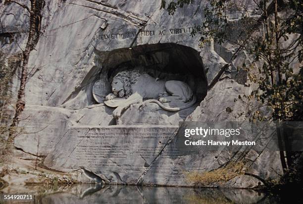 The Lion Monument or Lion of Lucerne in Lucerne, Switzerland, circa 1965. Bearing the inscription 'Helvetiorum Fidei ac Virtuti , it commemorates the...