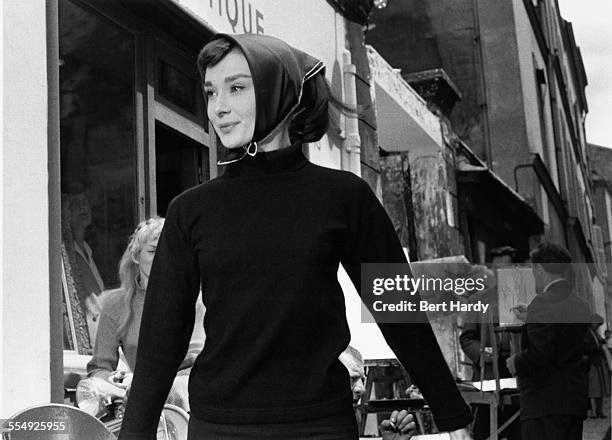 Belgian-born Actress Audrey Hepburn on the set of 'Funny Face', Paris, 1956. Original Publication: Picture Post - 8540 - Audrey Dances With Astaire -...