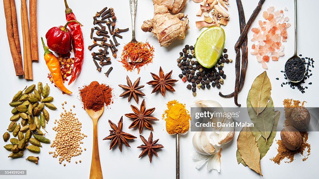 A selection of spices on a white background