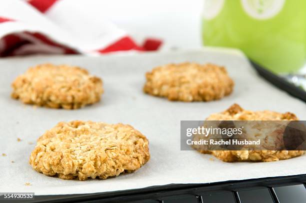 fresh baked oat cookies on baking tray - flapjack stock pictures, royalty-free photos & images