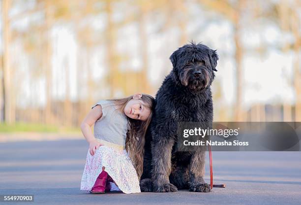 cuddling with her puppy - bouvier des flandres ストックフォトと画像