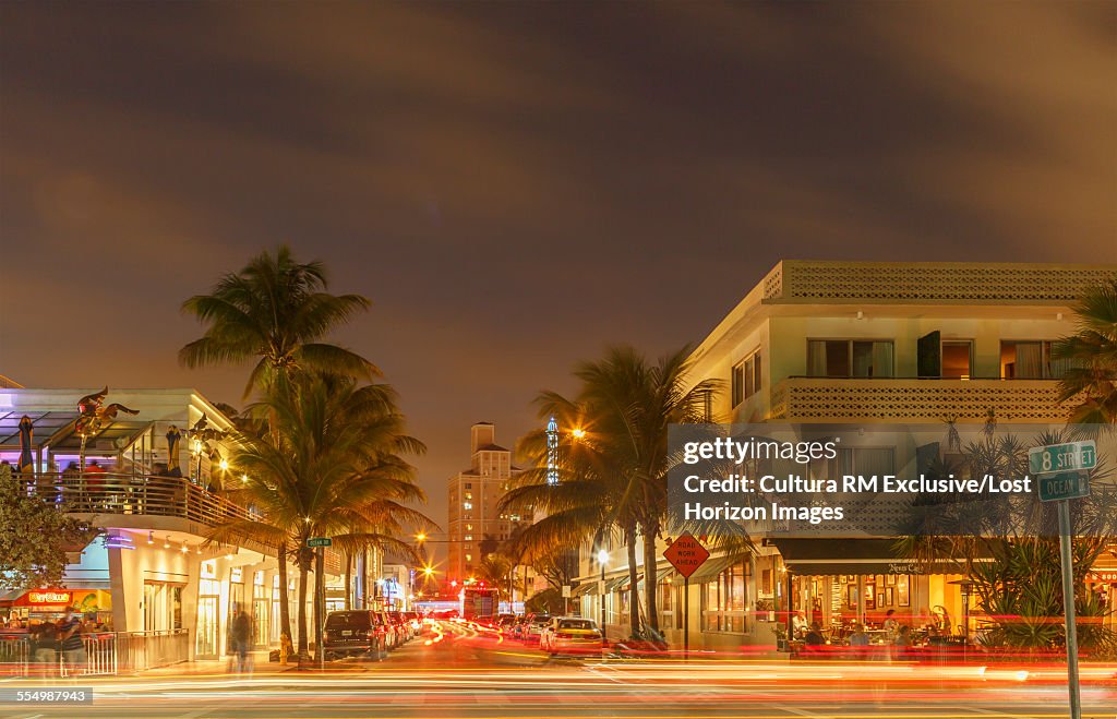 Pastel color buildings on Ocean Drive, in the famous Art Deco District in South Beach, at dusk, Miami Beach, Florida, USA