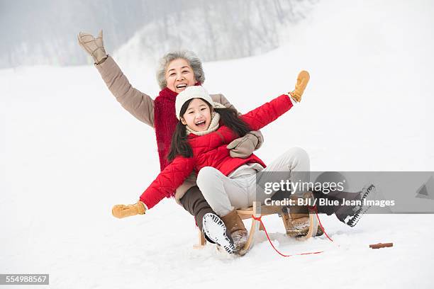 grandmother and granddaughter sliding on a sled - harbin winter - fotografias e filmes do acervo