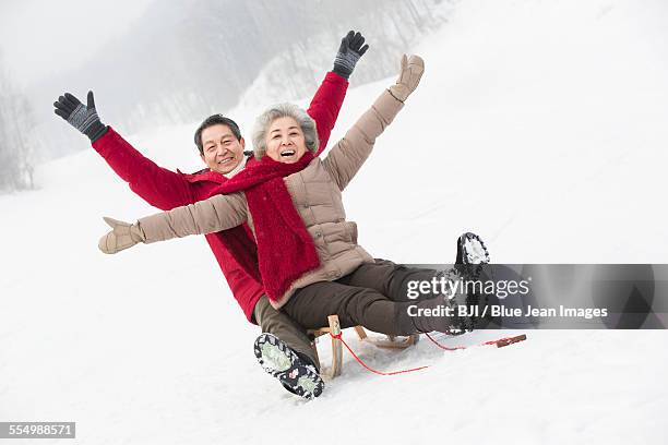 happy senior couple sliding on a sled - harbin winter - fotografias e filmes do acervo