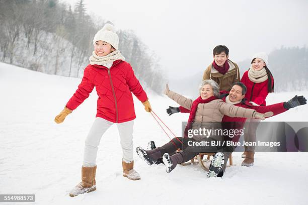 happy family playing with sled on the snow - harbin winter - fotografias e filmes do acervo