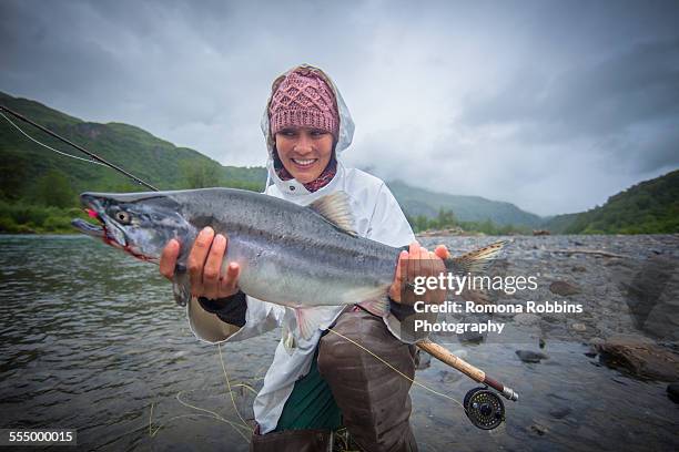 fisherwoman holding up caught pink salmon in river, kodiak, alaska, usa - woman holding fish stock pictures, royalty-free photos & images