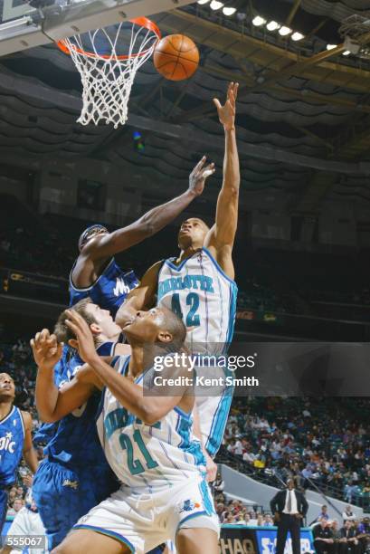 Forward P.J. Brown of the Charlotte Hornets shoots over forward Horace Grant of the Orlando Magic during their game at Charlotte Coliseum in...