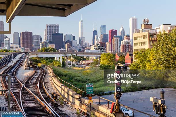 view of chicago from metro station cermak-chinatow - aon center chicago stock pictures, royalty-free photos & images