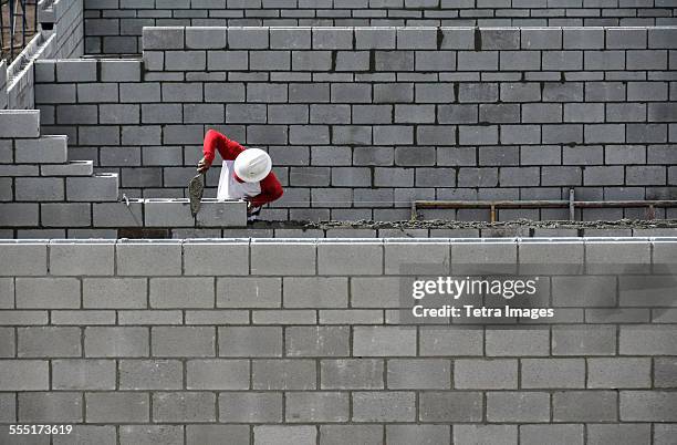 usa, florida, palm beach, bricklayer working on brick wall - troffel stockfoto's en -beelden