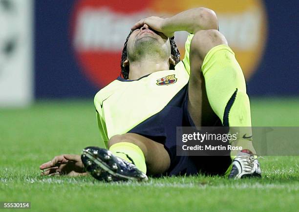 Deco of Barcelona looks dejected during the UEFA Champions League Group C match between Werder Bremen and FC Barcelona at Weser Stadium on September...