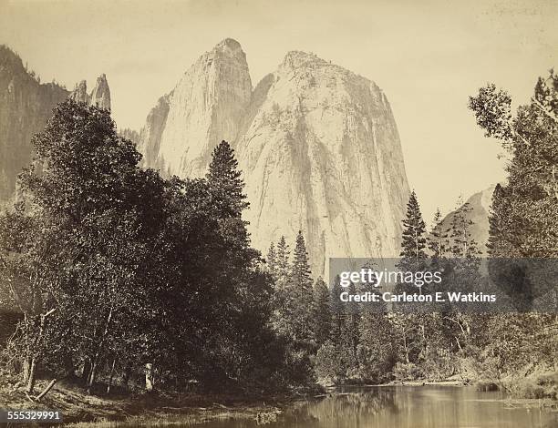 The Middle Cathedral Rock in Yosemite Valley, Yosemite National Park, California, as seen from the river below, 1861.