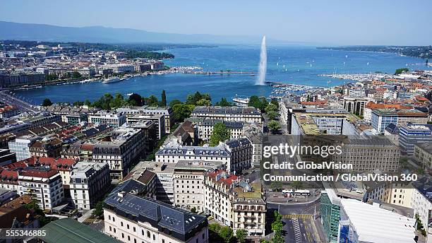 aerial view of the water fountain in geneva - geneva stock pictures, royalty-free photos & images