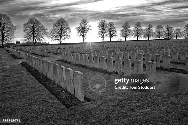 Sunrise over Serre Road Cemetery No 2, Somme, France. Serre Road Cemetery No. 2 has a total of 7,127 British and Commonwealth burials. Of these only...