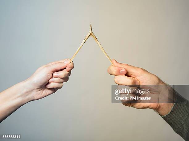 couple pulling wish bone, close up - 手を引く ストックフォトと画像