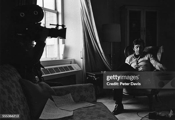 Portrait of Greek-born French film director Costa-Gavras as he sits in a wing-back chair, New York, New York, 1972.