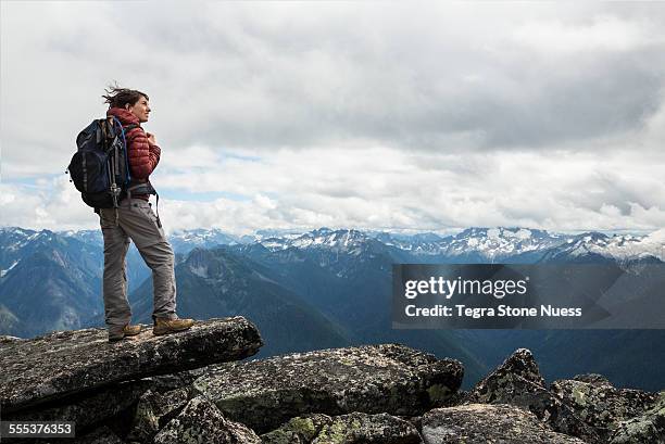 female hiker at summit - explorer 個照片及圖片檔