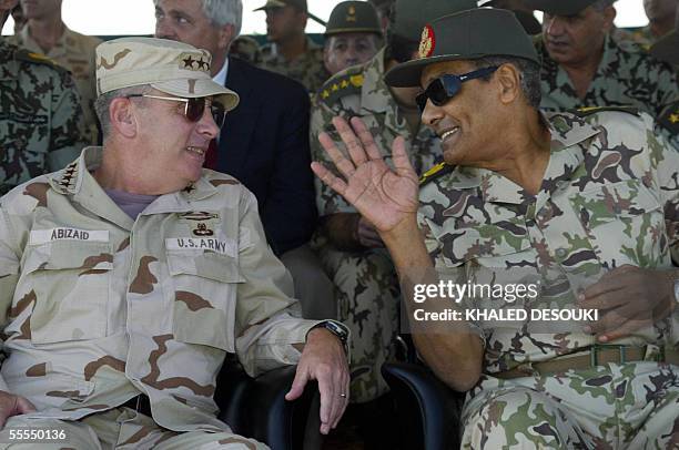 General John Abizaid , the head the US Central Command, shares a talk with Egyptian Defense Minister Hussein Tantawe during the Bright Star joint war...