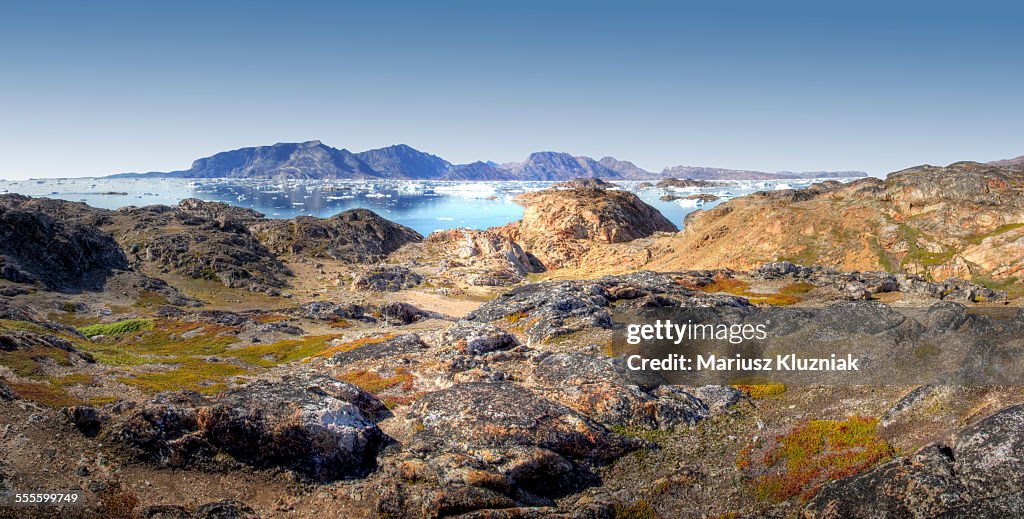 Deep arctic fjord with floating ice panorama