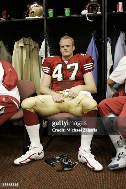 Billy Bajema of the San Francisco 49ers looks on in the locker room before the NFL game against the St. Louis Rams at Monster Park on September 11,...