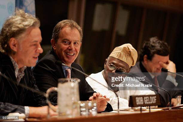 British Prime Minister Tony Blair attends a press conference on the building of Gleneagles with President Olusegun Obasanjo of Nigeria and Sir Bob...