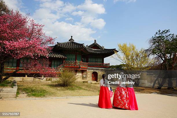 ladies dressed in hanbok - changdeokgung palace stock pictures, royalty-free photos & images