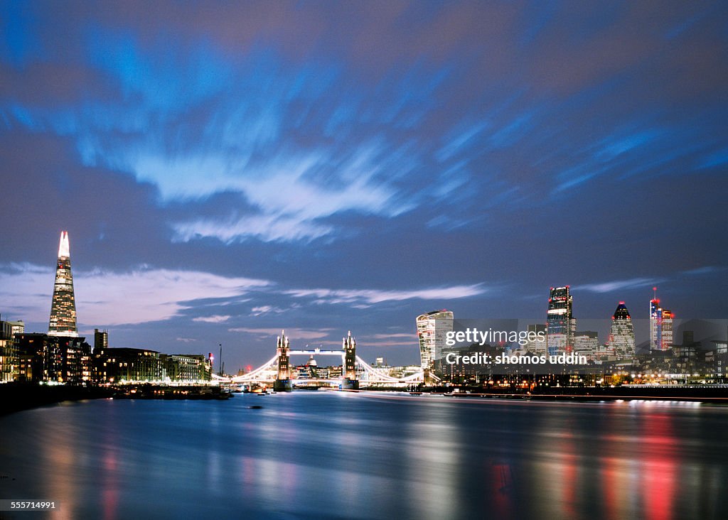 City skyline across River Thames at dusk