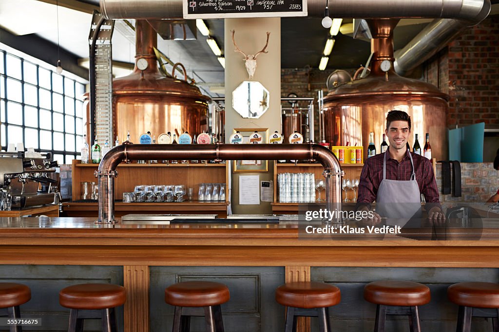 Wide shot of bartender at cool microbrewery