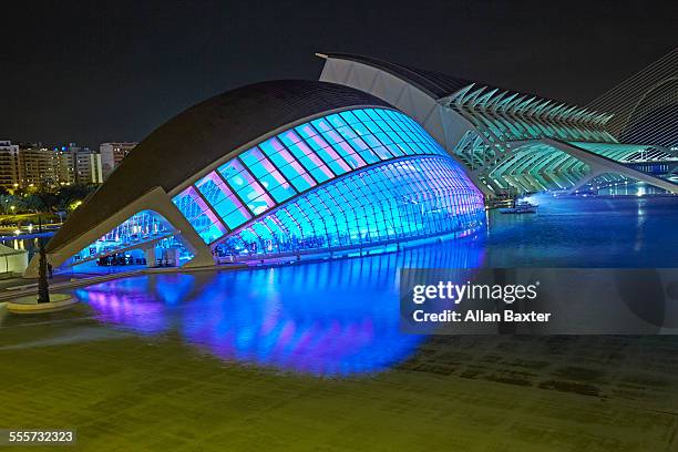 elevated view of the l'hemisferic at night - lhemisferic stock pictures, royalty-free photos & images