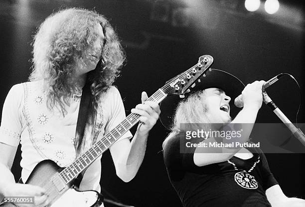 Allen Collins and Ronnie Van Zant performing with American southern rock group Lynyrd Skynyrd, 28th October 1975.