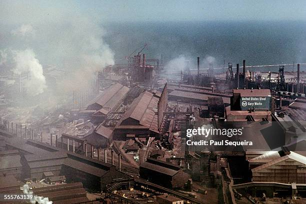 View of United States Steel factories Gary Works, producing pollution and located on the shores of Lake Michigan, Gary, Indiana, 1970s.