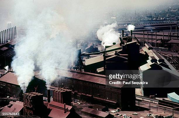 View of United States Steel factories Gary Works, producing pollution and located on the shores of Lake Michigan, Gary, Indiana, 1970s.