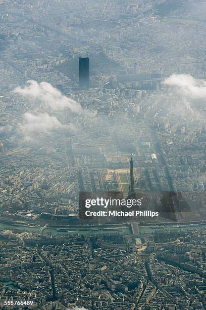 eiffel tower from the air - paris aerial stock pictures, royalty-free photos & images