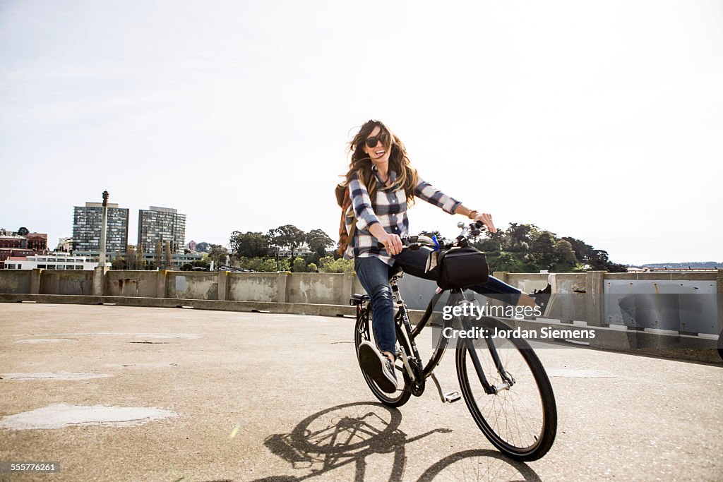 A female having fun on a bike