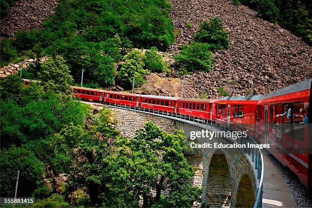 Switzerland, Canton Grisons, Bernina Express, Brusio Viaduct.