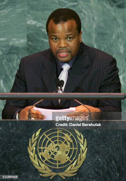 King Mswati III of Swaziland addresses the United Nations General Assembly on September 15, 2005 in New York City. World leaders gathered for the...