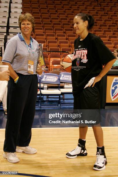 TIcha Penicheiro of the Sacramento Monarchs is interviewed by Ann Meyers during media availability prior to game 2 of the WNBA Finals at Mohegan Sun...