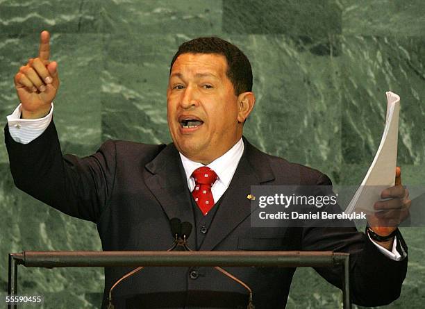 Venezuelan President Hugo Chavez addresses the United Nations General Assembly September 15, 2005 in New York City. World leaders gathered for the...