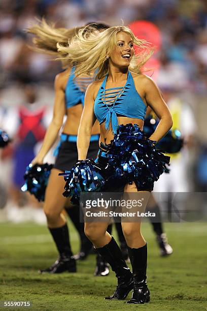 Carolina Panthers cheerleaders entertain the fans during a preseason game against the Pittsburgh Steelers at Bank of America Stadium on September 1,...