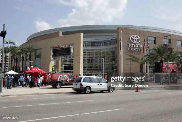 An general view of the outside of the Toyota Center before Kenny Smith's Hurricane Katrina Relief NBA Charity Game on September 11, 2005 at the...