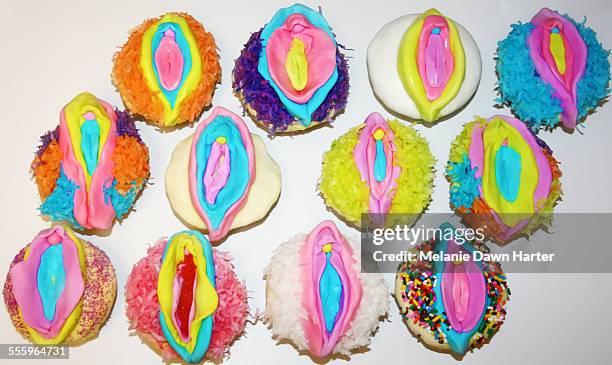 rainbow vagina cupcakes - schamlippen stock-fotos und bilder