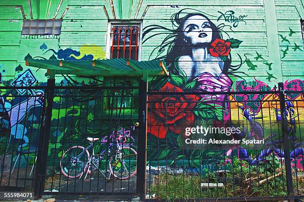 pink bike behind the fence near painted mural - williamsburg new york city imagens e fotografias de stock