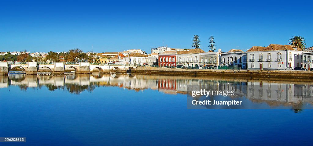 Houses reflected in Gilao River, Tavira