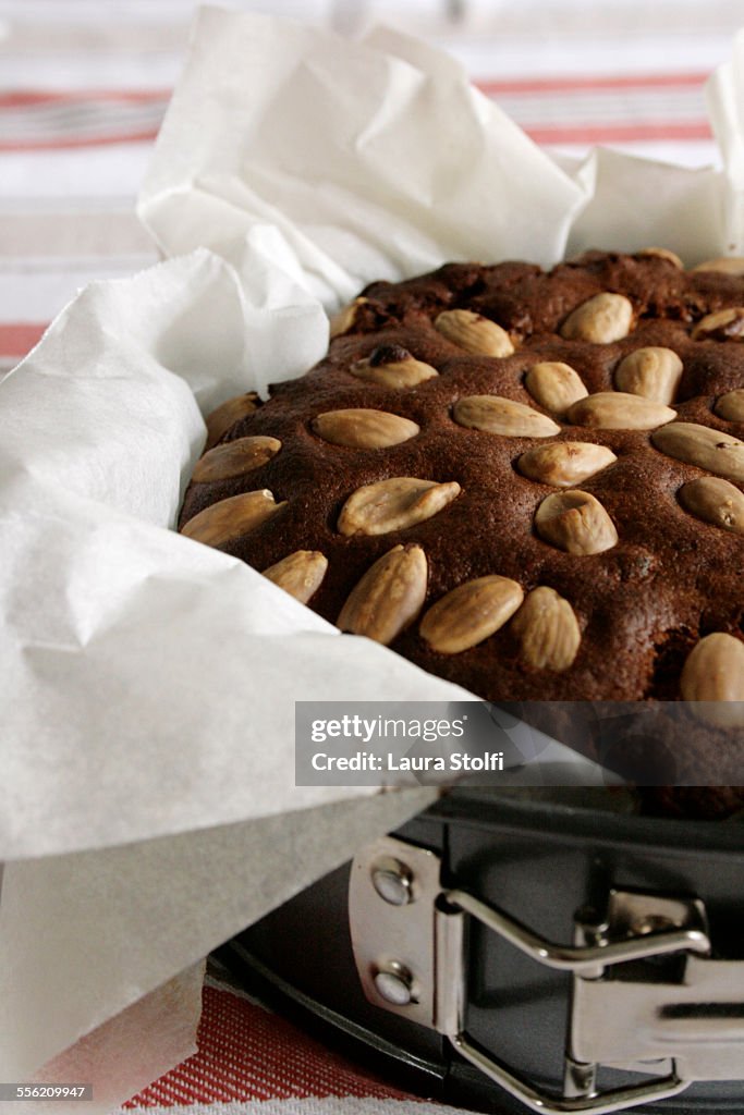 Homemade almonds cake in tin