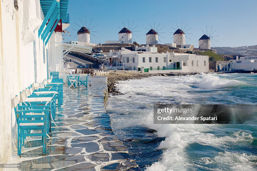 Cafe and windmills in Mykonos, Greece