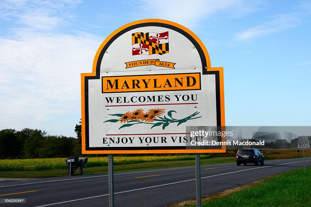 Welcome to Maryland road sign entering the state