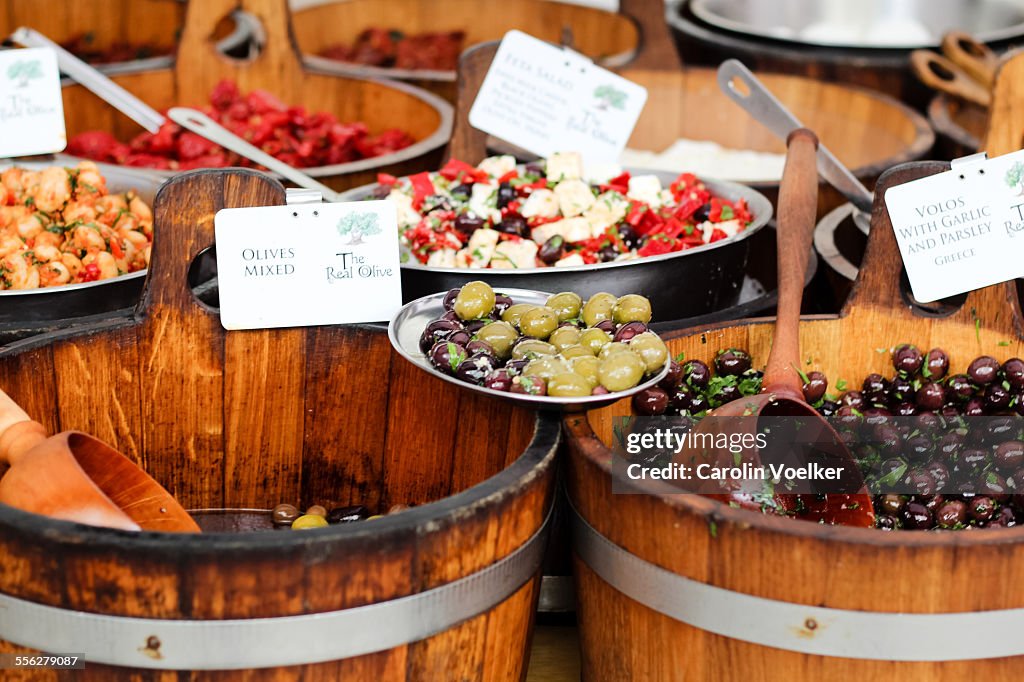 Antipasti and olives for sale