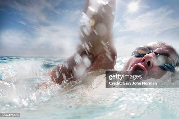 male swimmer training in open water, close up - open workouts stock pictures, royalty-free photos & images